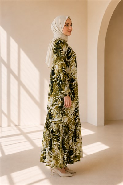 Yapraklı Viskon Elbise Yeşil OTW30001