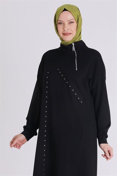 Yarım Fermuarlı Modern Siyah Büyük Beden Taş İşlemeli Tunik Siyah OTW2059