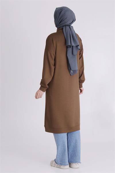 Yarım Fermuarlı Modern Siyah Büyük Beden Taş İşlemeli Tunik Vizon OTW2059