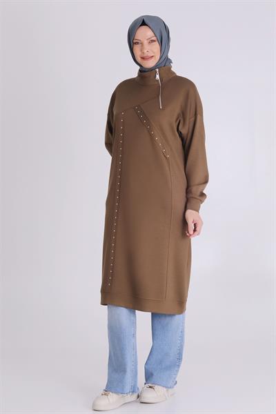 Yarım Fermuarlı Modern Siyah Büyük Beden Taş İşlemeli Tunik Vizon OTW2059