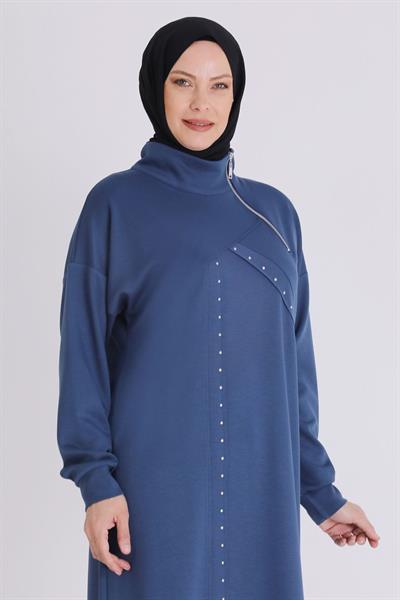 Yarım Fermuarlı Modern Siyah Büyük Beden Taş İşlemeli Tunik İndigo OTW2059