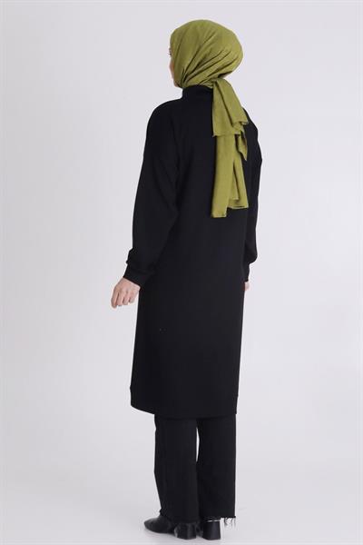 Yarım Fermuarlı Modern Siyah Büyük Beden Taş İşlemeli Tunik Siyah OTW2059