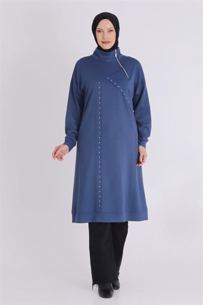 Yarım Fermuarlı Modern Siyah Büyük Beden Taş İşlemeli Tunik İndigo OTW2059
