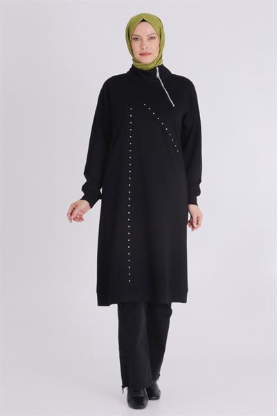 Yarım Fermuarlı Modern Siyah Büyük Beden Taş İşlemeli Tunik Siyah OTW2059