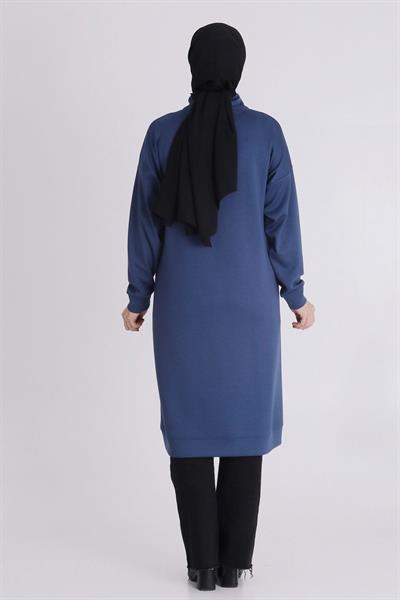 Yarım Fermuarlı Modern Siyah Büyük Beden Taş İşlemeli Tunik İndigo OTW2059