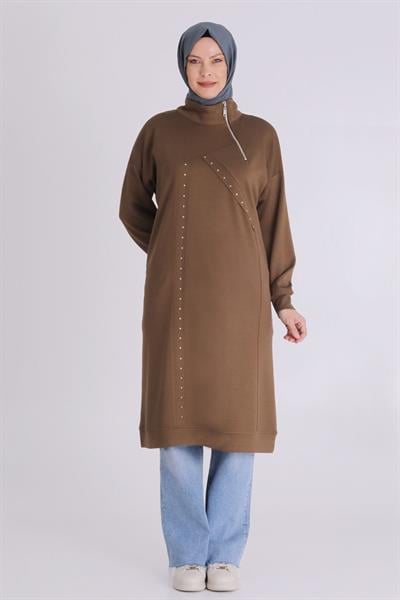 Yarım Fermuarlı Modern Siyah Büyük Beden Taş İşlemeli Tunik Vizon OTW2059