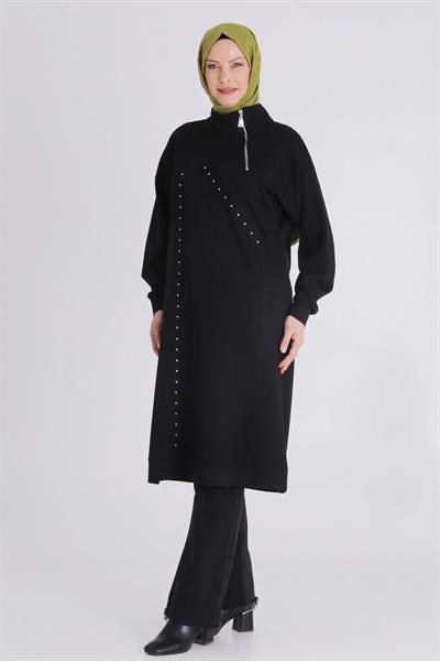 Yarım Fermuarlı Modern Siyah Büyük Beden Taş İşlemeli Tunik Siyah OTW2059