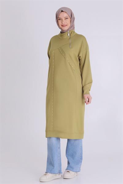 Yarım Fermuarlı Modern Siyah Büyük Beden Taş İşlemeli Tunik Olive OTW2059
