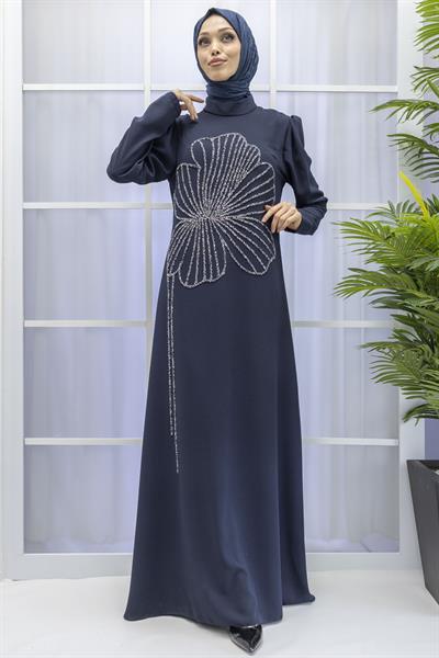Yonca Desenli Elbise Lacivert OTW4599