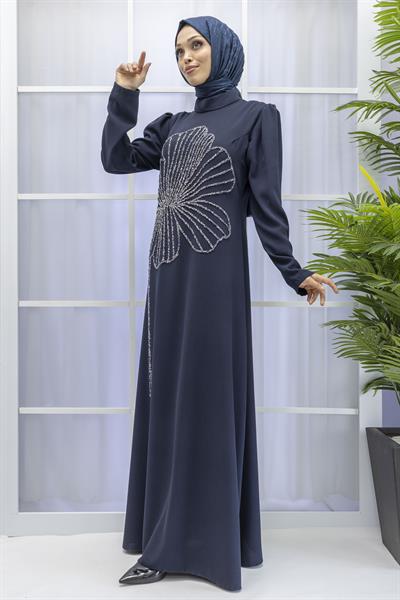 Yonca Desenli Elbise Lacivert OTW4599
