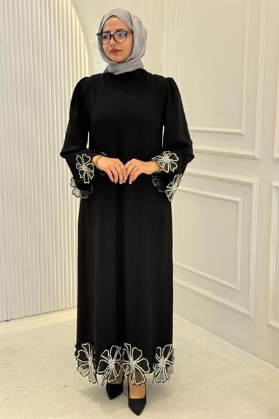 Yonca İşlemeli Krep Abiye Siyah OTW4802
