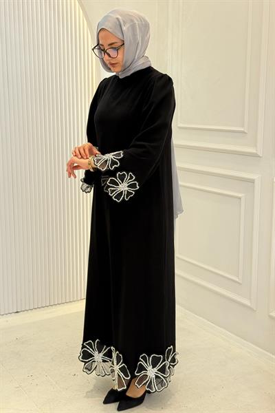 Yonca İşlemeli Krep Abiye Siyah OTW4802