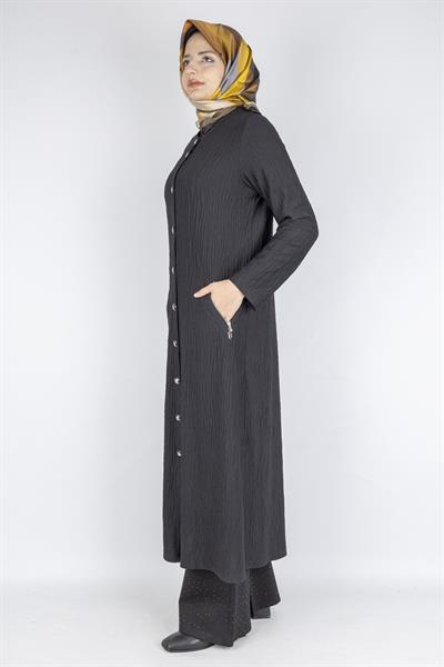 Yuvarlak Yaka Büyük Beden Düğmeli Kap Siyah OTW702