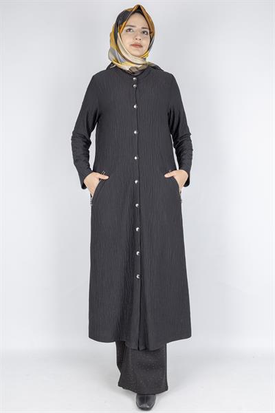 Yuvarlak Yaka Büyük Beden Düğmeli Kap Siyah OTW702