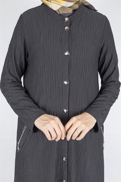 Yuvarlak Yaka Büyük Beden Düğmeli Kap Siyah OTW702