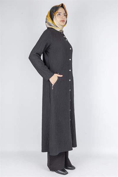 Yuvarlak Yaka Büyük Beden Düğmeli Kap Siyah OTW702