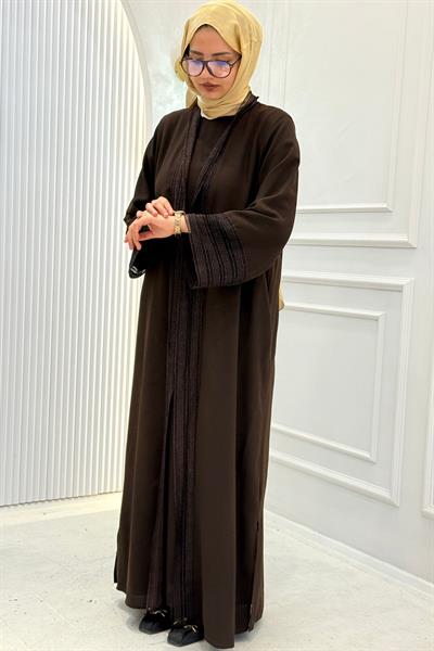 Zarif Dantel Şeritli Abaya Takım Kahve OTW8634