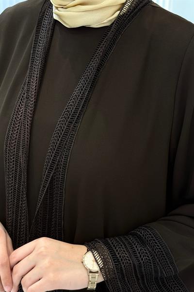 Zarif Dantel Şeritli Abaya Takım Kahve OTW8634