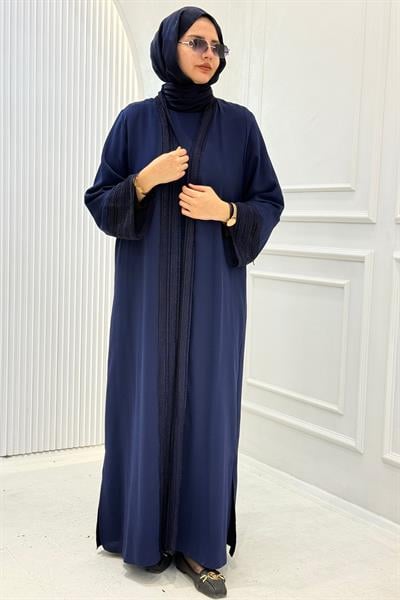 Zarif Dantel Şeritli Abaya Takım Lacivert OTW8634