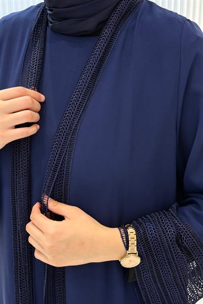 Zarif Dantel Şeritli Abaya Takım Lacivert OTW8634