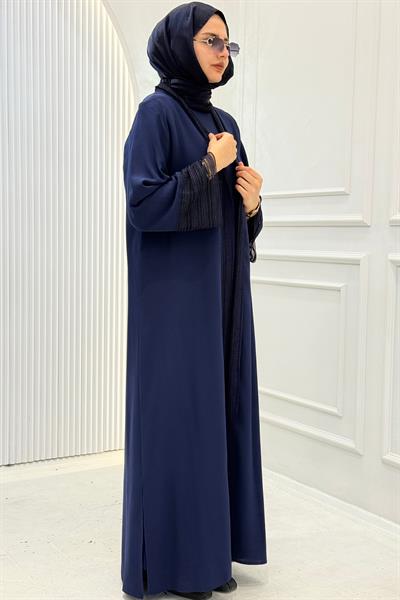 Zarif Dantel Şeritli Abaya Takım Lacivert OTW8634