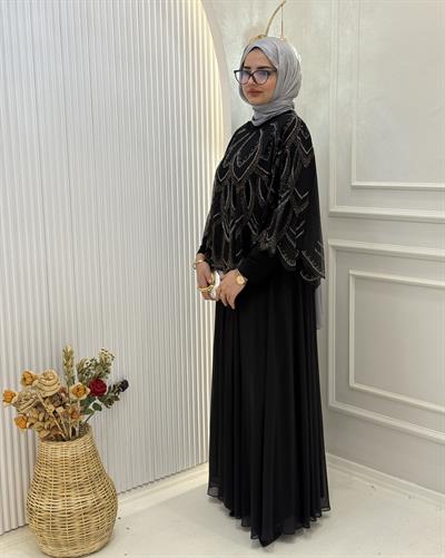 Zarif Taş İşlemeli Büyük Beden Abiye Elbise Siyah OTW2525