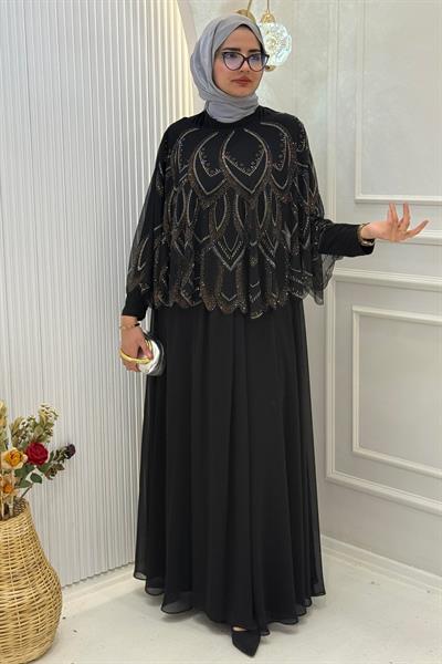 Zarif Taş İşlemeli Büyük Beden Abiye Elbise Siyah OTW2525
