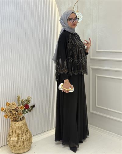 Zarif Taş İşlemeli Büyük Beden Abiye Elbise Siyah OTW2525