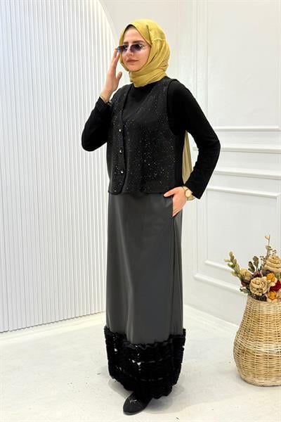Zarif Taş İşlemeli Şık Yelek Siyah OTW9811