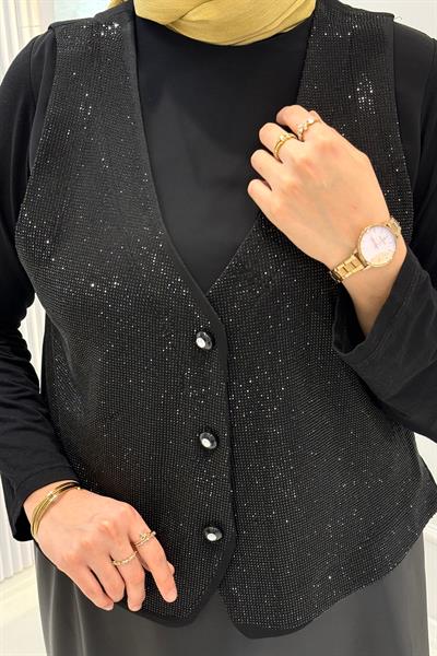 Zarif Taş İşlemeli Şık Yelek Siyah OTW9811