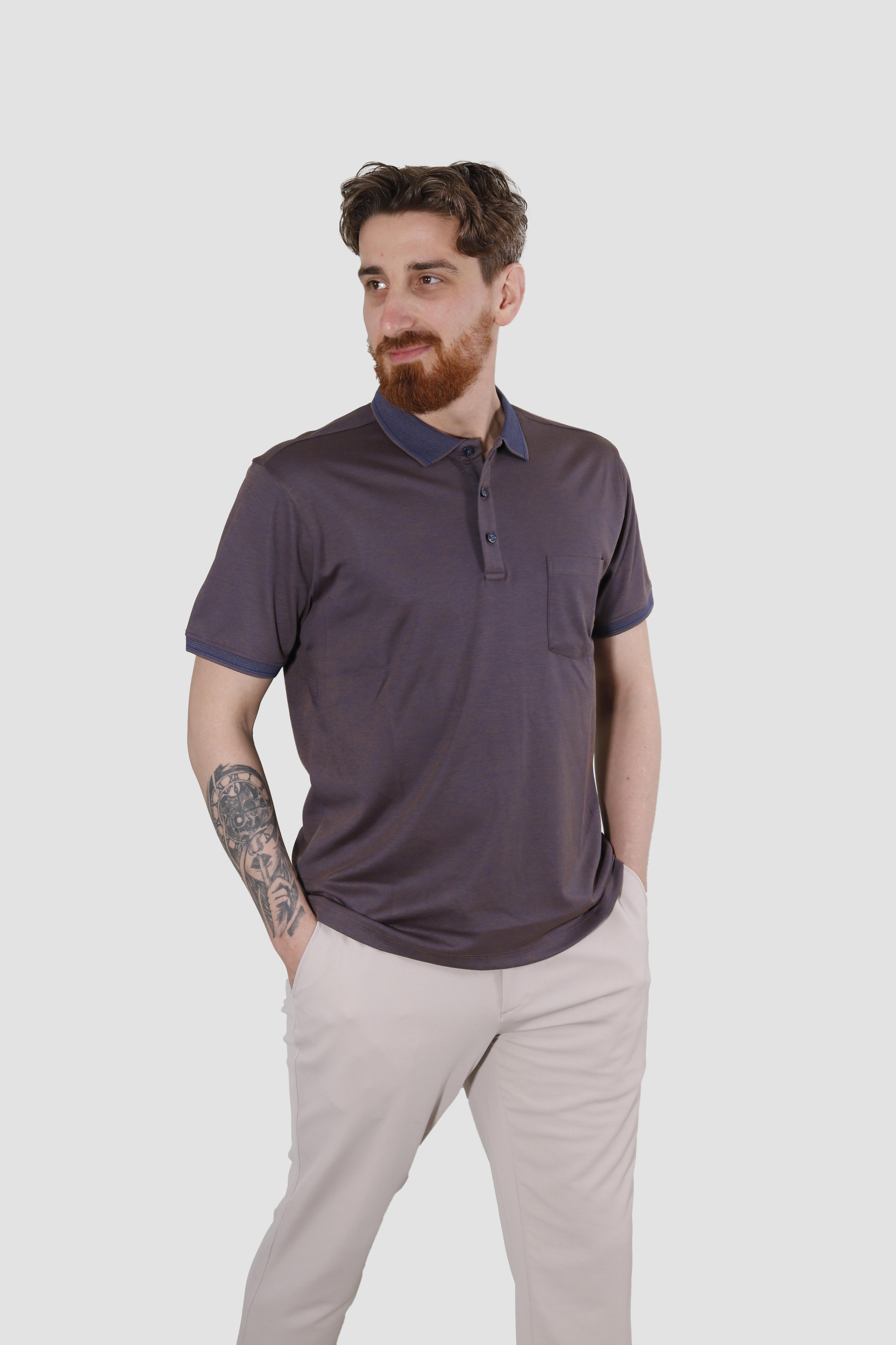 Erkek Polo Yaka Cepli Pamuklu Regular Fit Tişört 2448-KAHVE LACİ