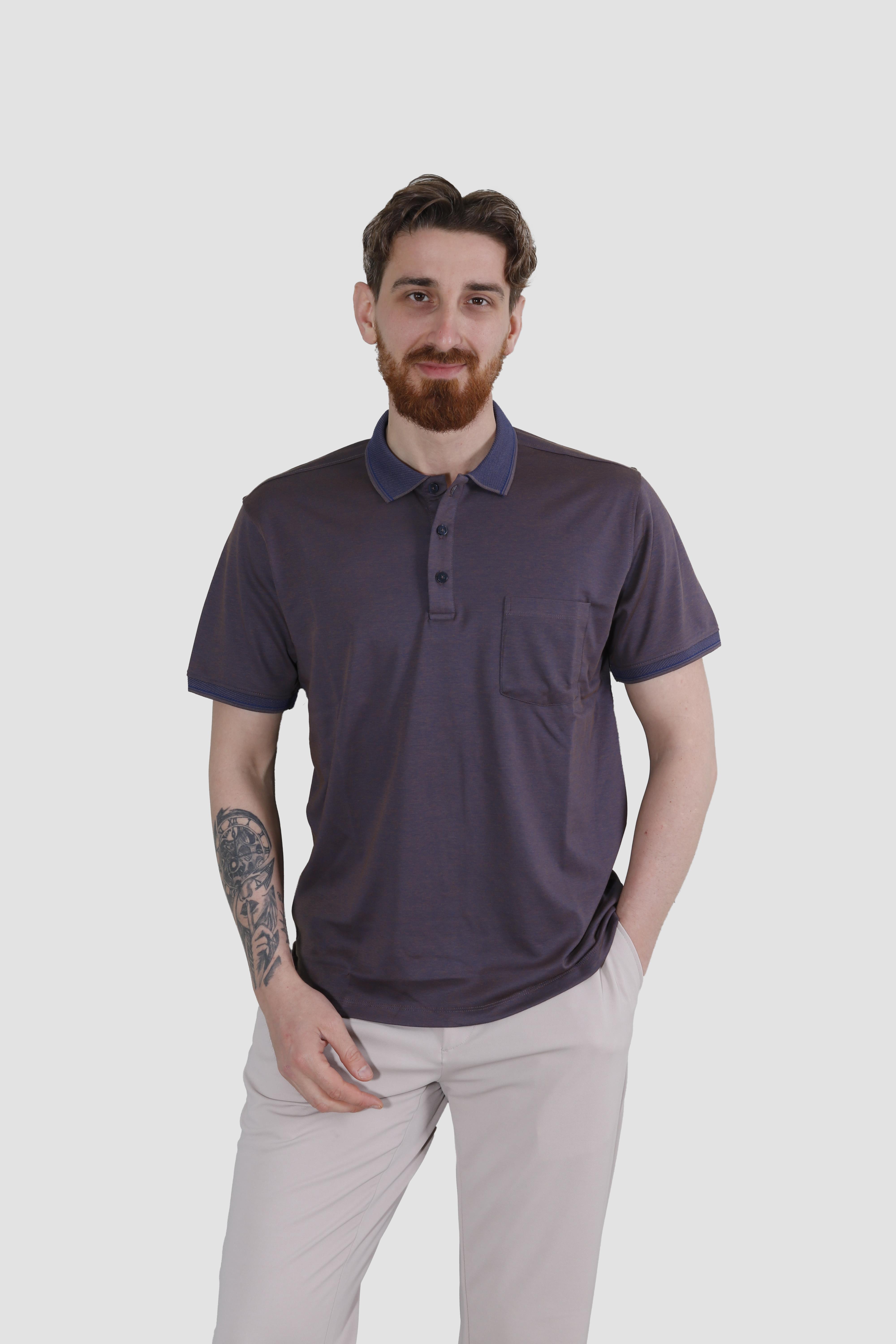 Erkek Polo Yaka Cepli Pamuklu Regular Fit Tişört 2448-KAHVE LACİ