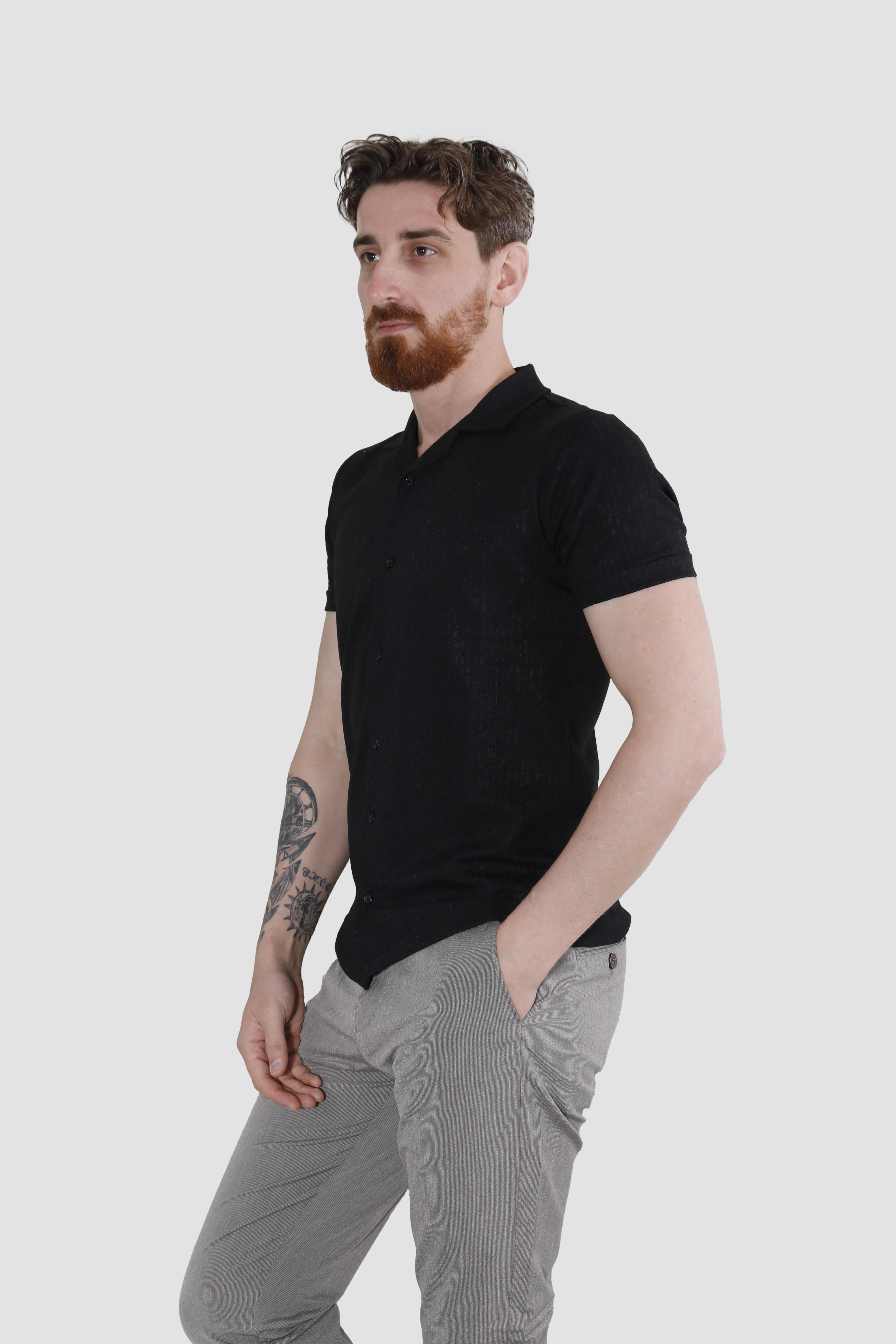 Erkek Jakarlı Apaçi Yaka Pamuklu Slim Fit Yazlık Gömlek 2545-SİYAH