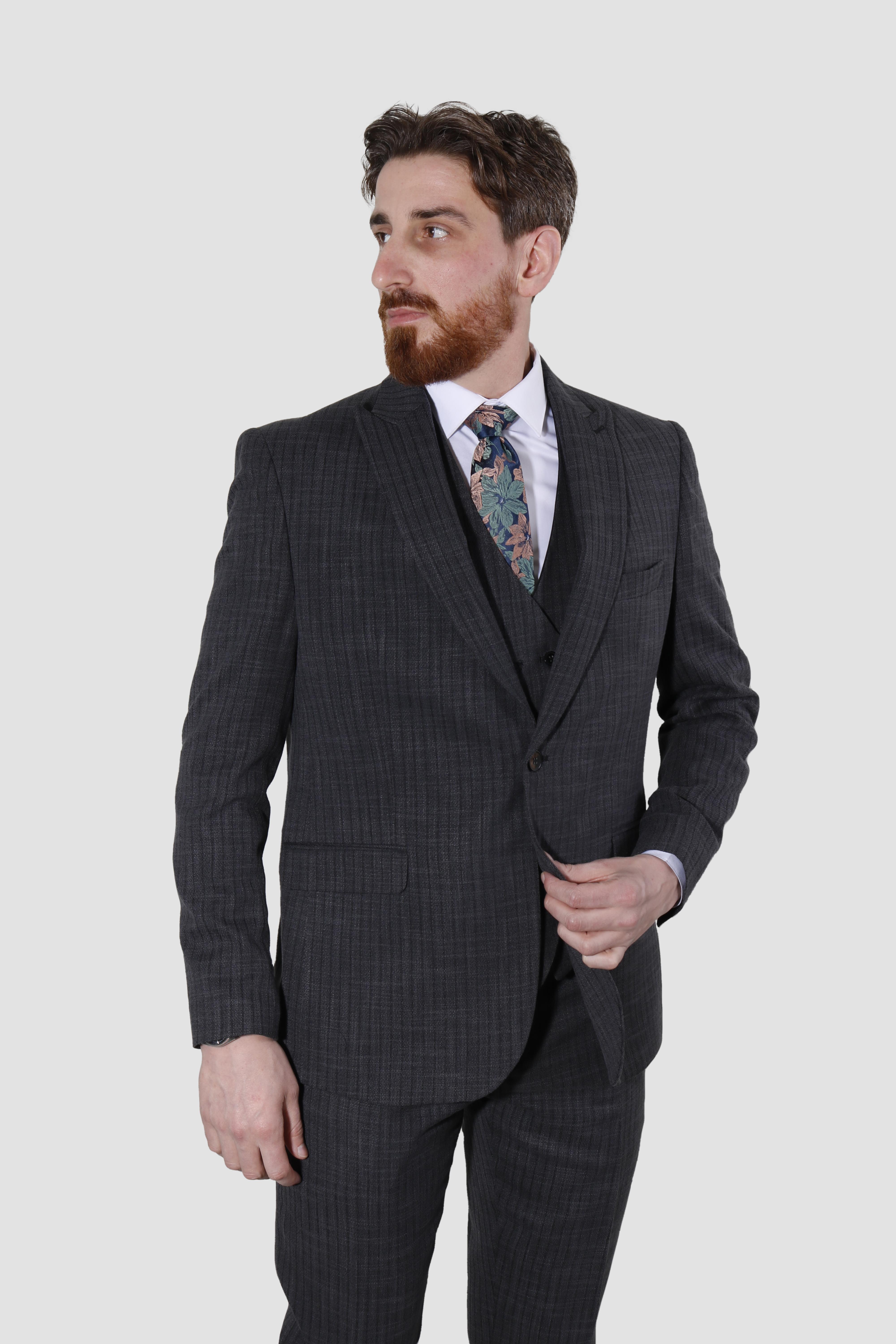 Erkek Tek Düğme Yelekli Slim Fit Takım Elbise 2805-ANTRASİT