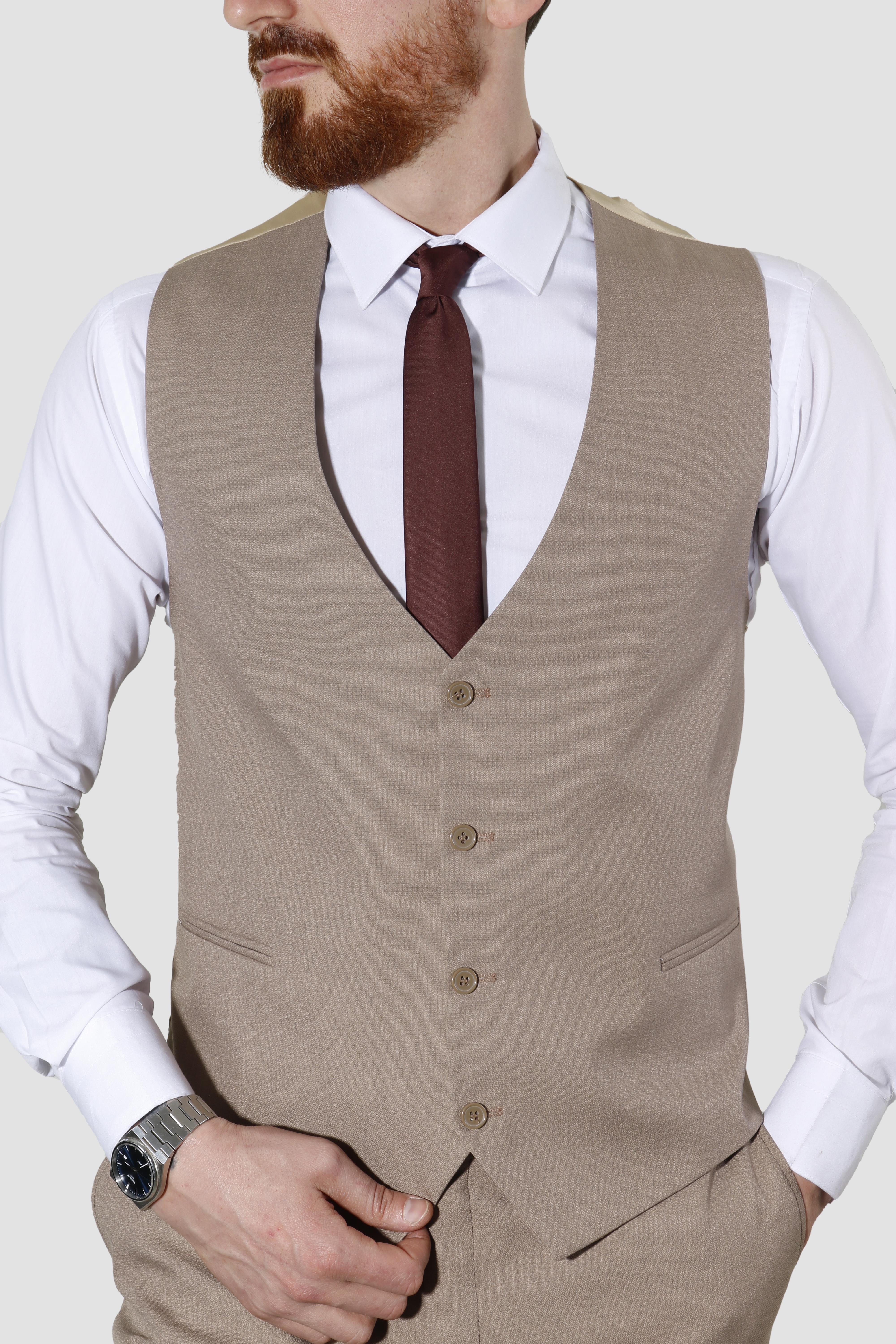 Erkek Tek Düğme Düz Yelekli Slim Fit Takım Elbise 2813-BEJ