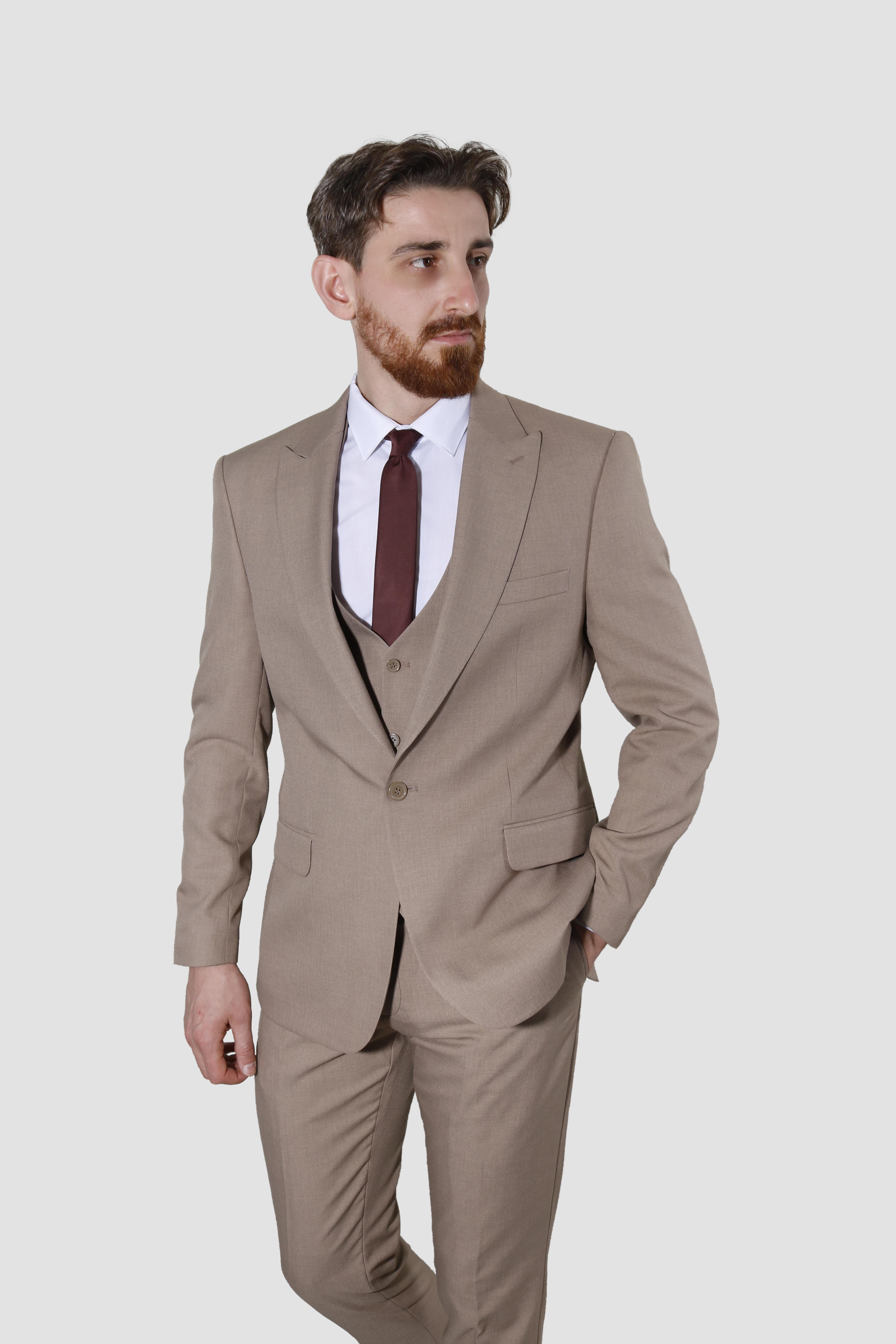 Erkek Tek Düğme Düz Yelekli Slim Fit Takım Elbise 2813-BEJ