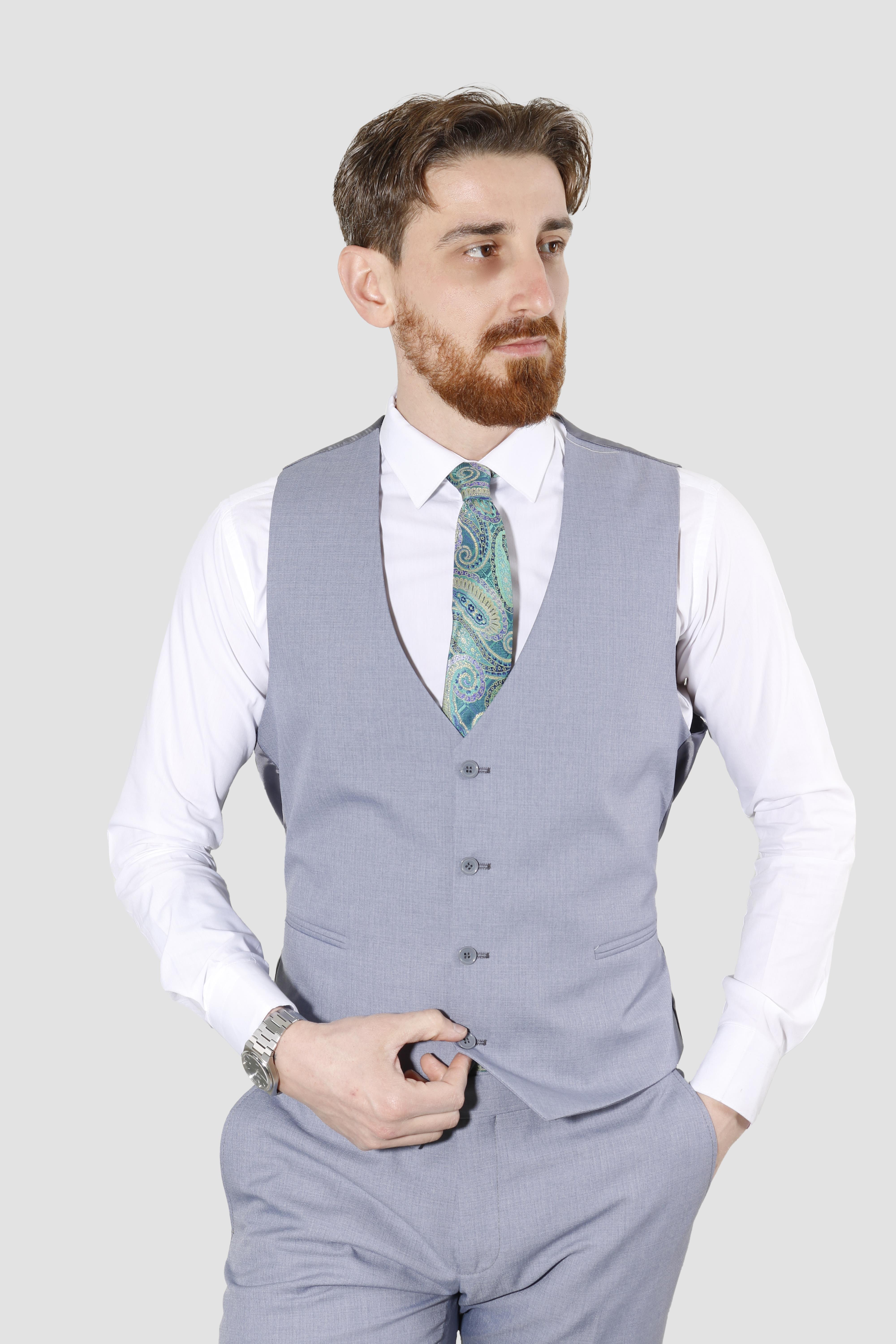 Erkek Tek Düğme Düz Yelekli Slim Fit Takım Elbise 2813-MAVİ