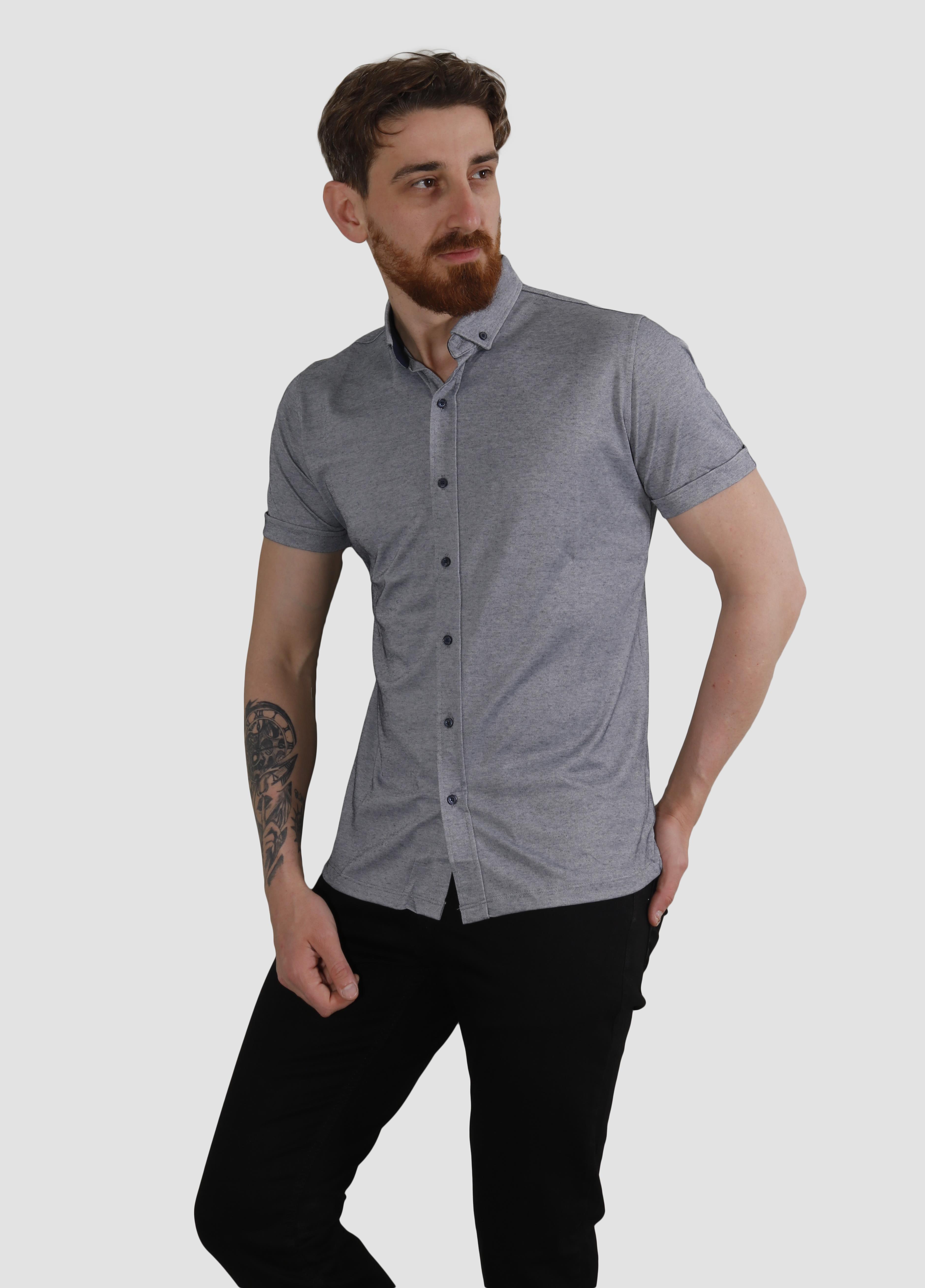Erkek Kısa Kollu Nefes Alabilen Yazlık Pamuklu Slim Fit Gömlek 2910-G-LACİ MELANJ