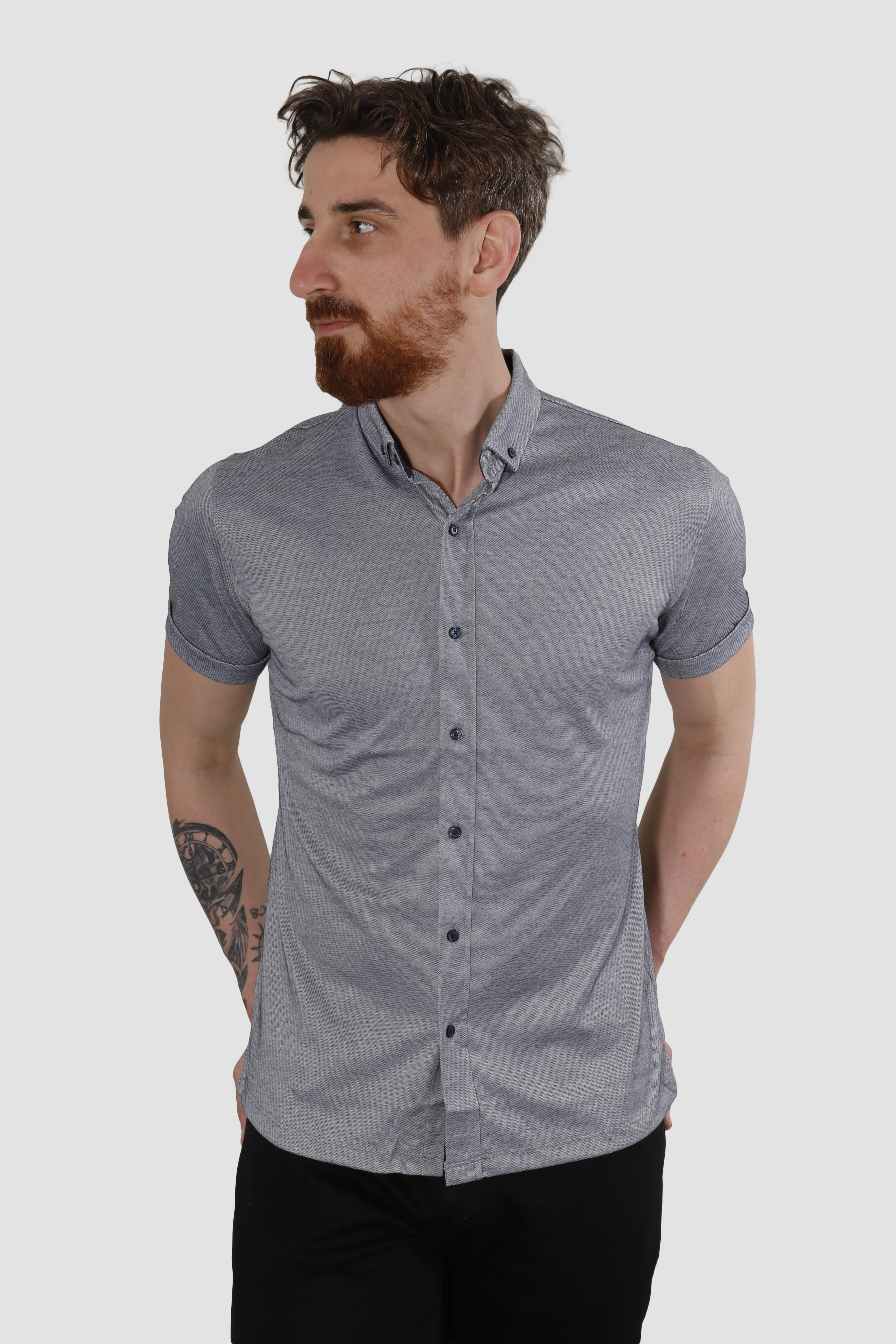 Erkek Kısa Kollu Nefes Alabilen Yazlık Pamuklu Slim Fit Gömlek 2910-G-LACİ MELANJ