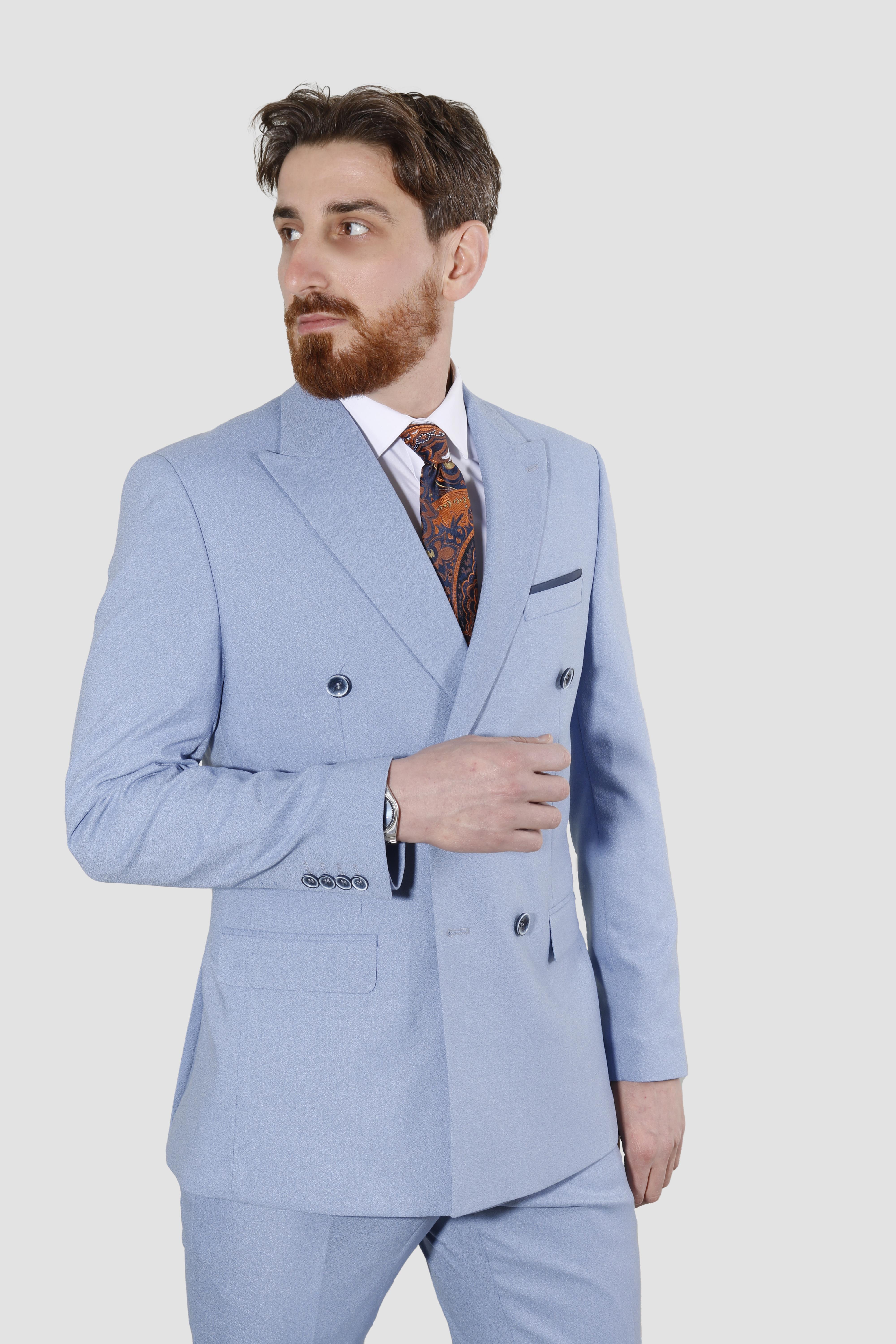 Erkek Kruvaze Slim Fit Takım Elbise 3023-MAVİ
