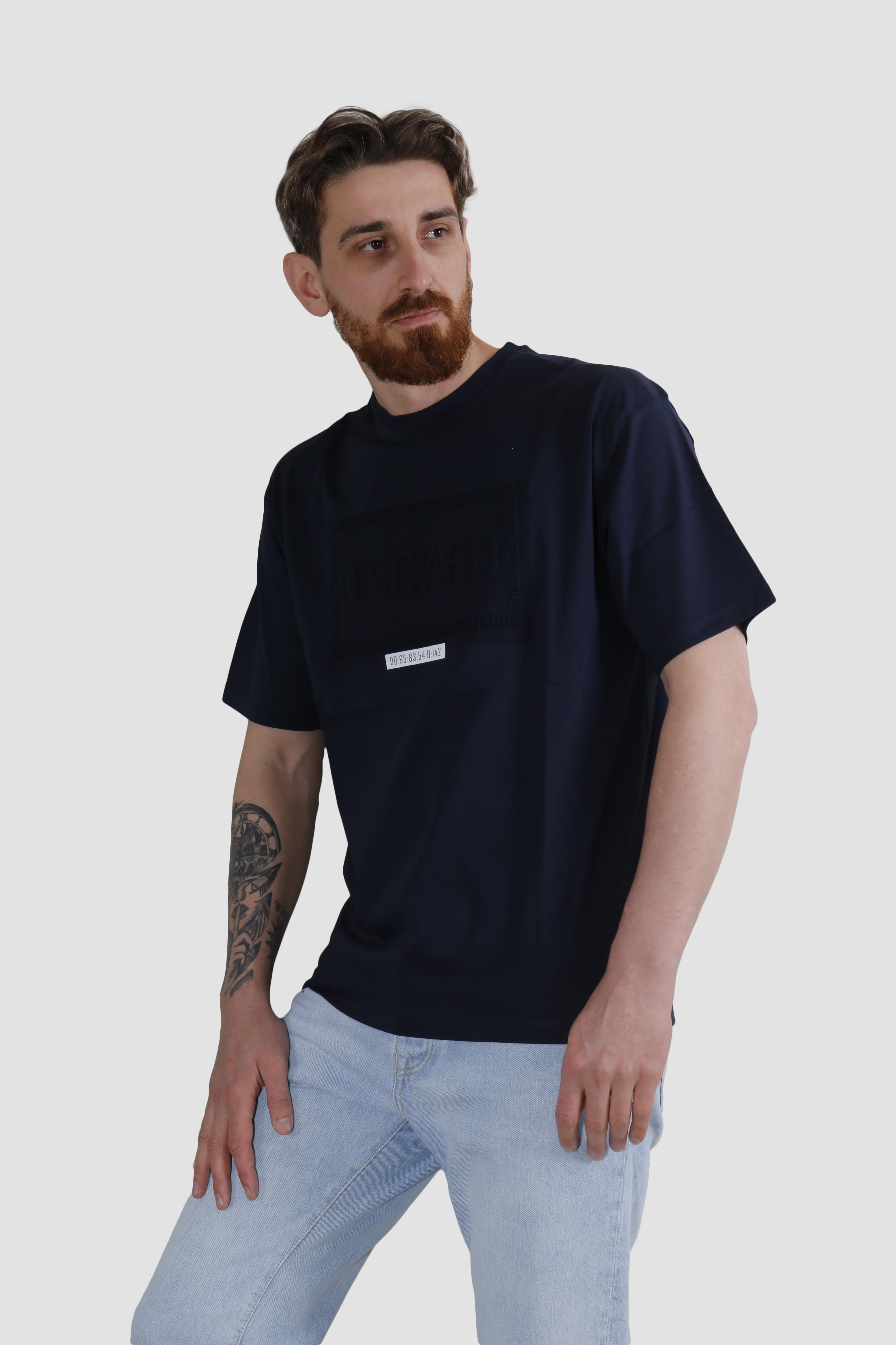 Erkek Bisiklet Yaka Baskılı Oversize Pamuklu Tişört  3064-LACİVERT