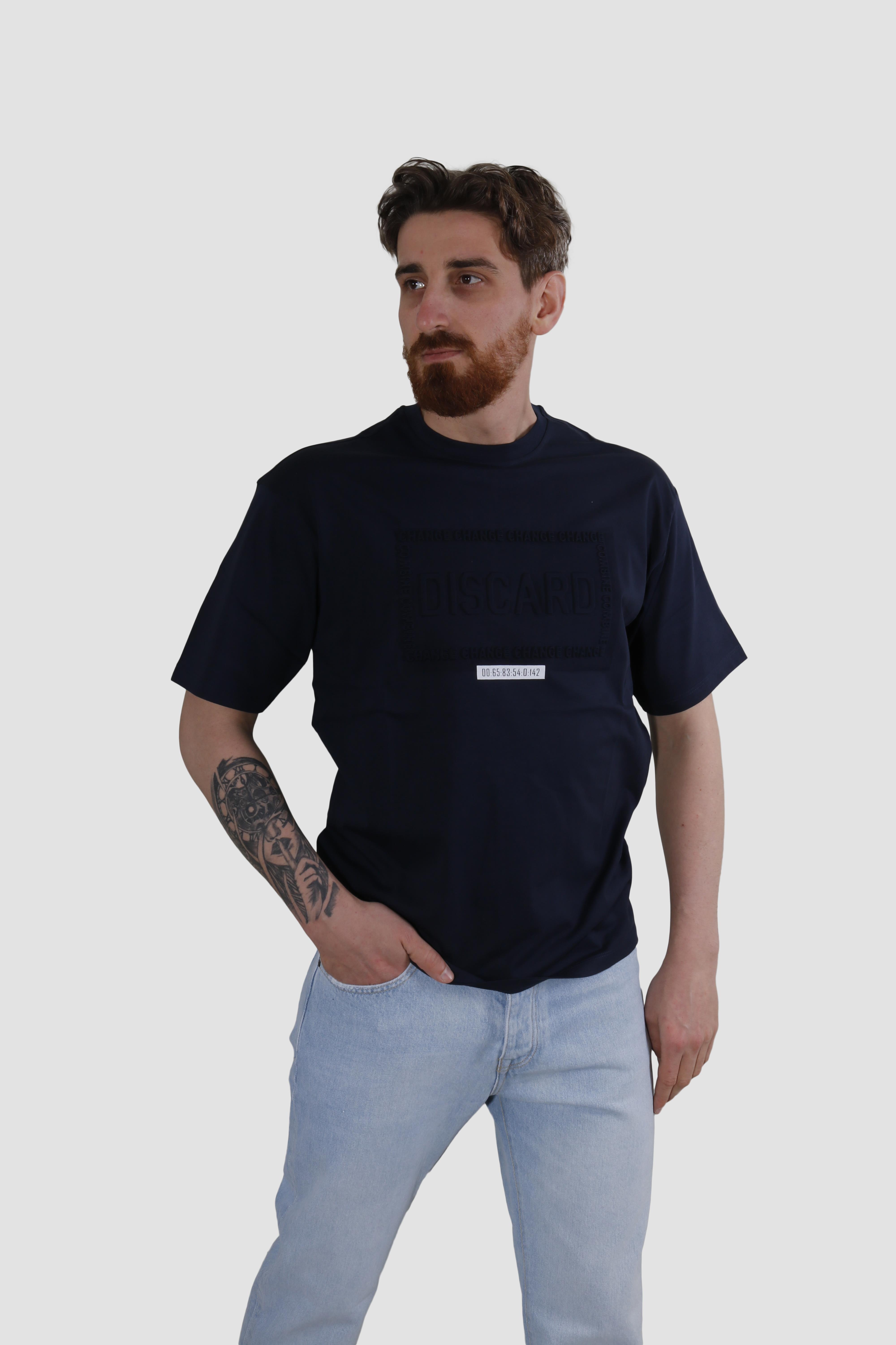 Erkek Bisiklet Yaka Baskılı Oversize Pamuklu Tişört  3064-LACİVERT