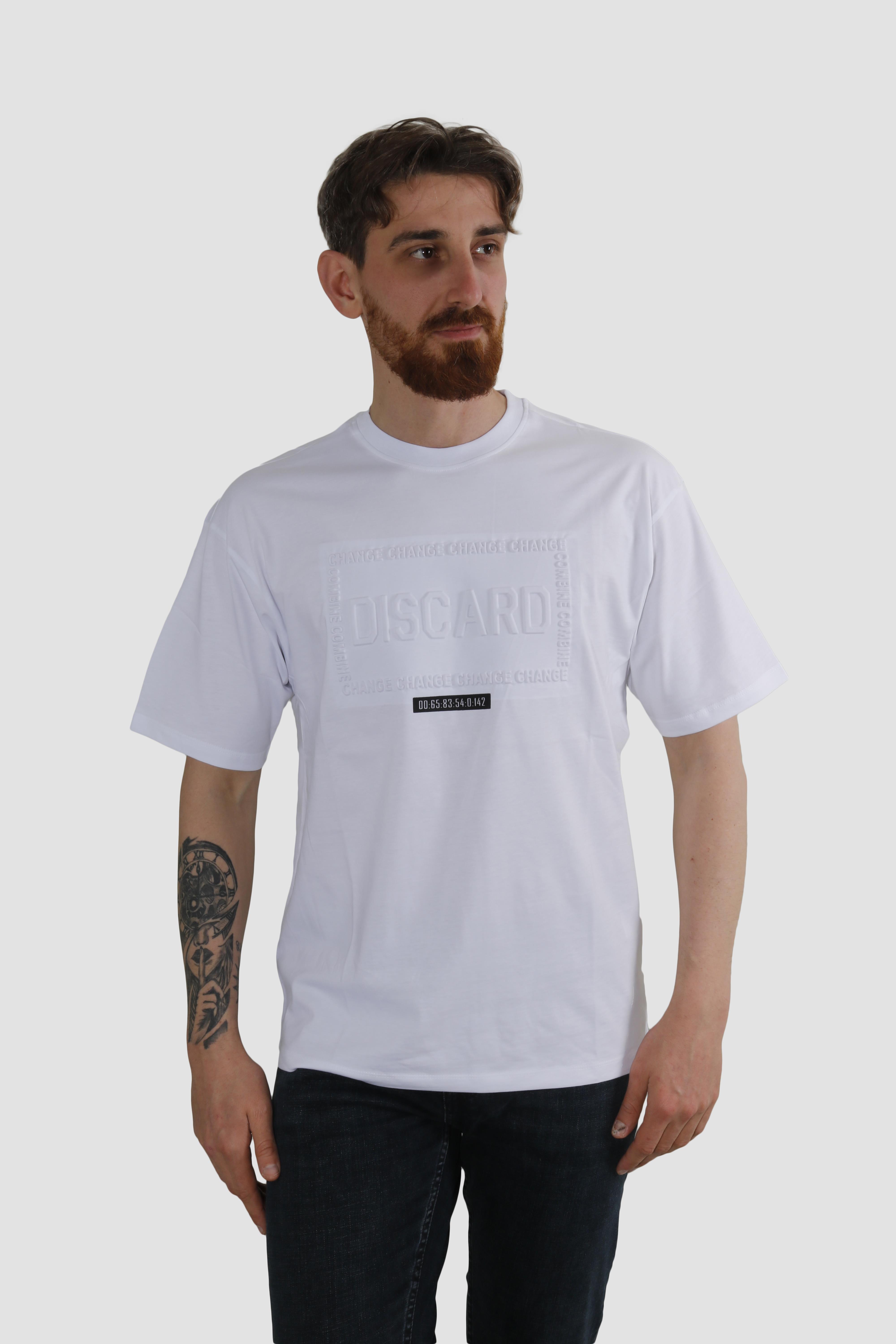 Erkek Bisiklet Yaka Baskılı Oversize Pamuklu Tişört  3064-BEYAZ