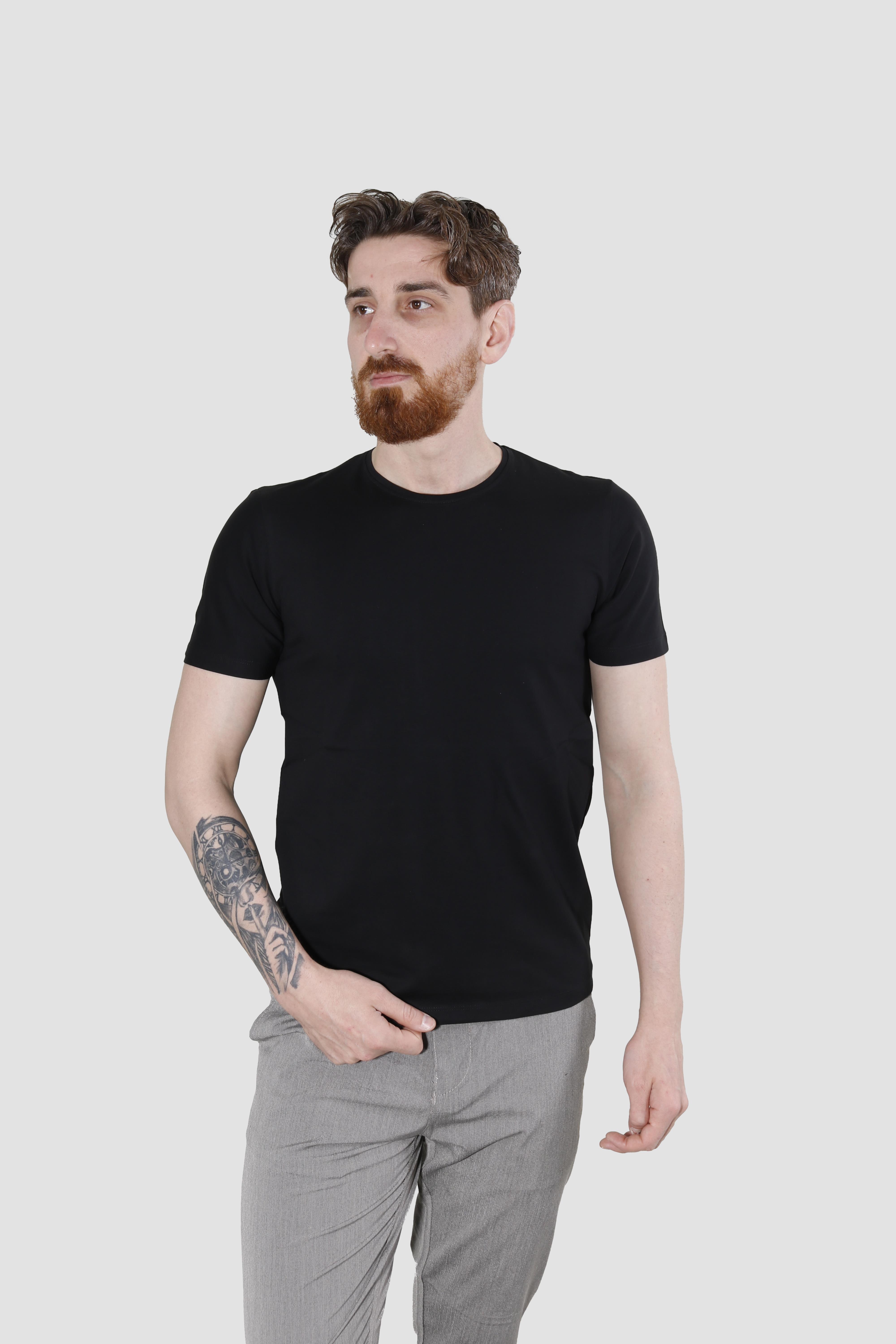 Erkek Bisiklet Yaka Düz Pamuklu Slim Fit Tişört 3068-SİYAH