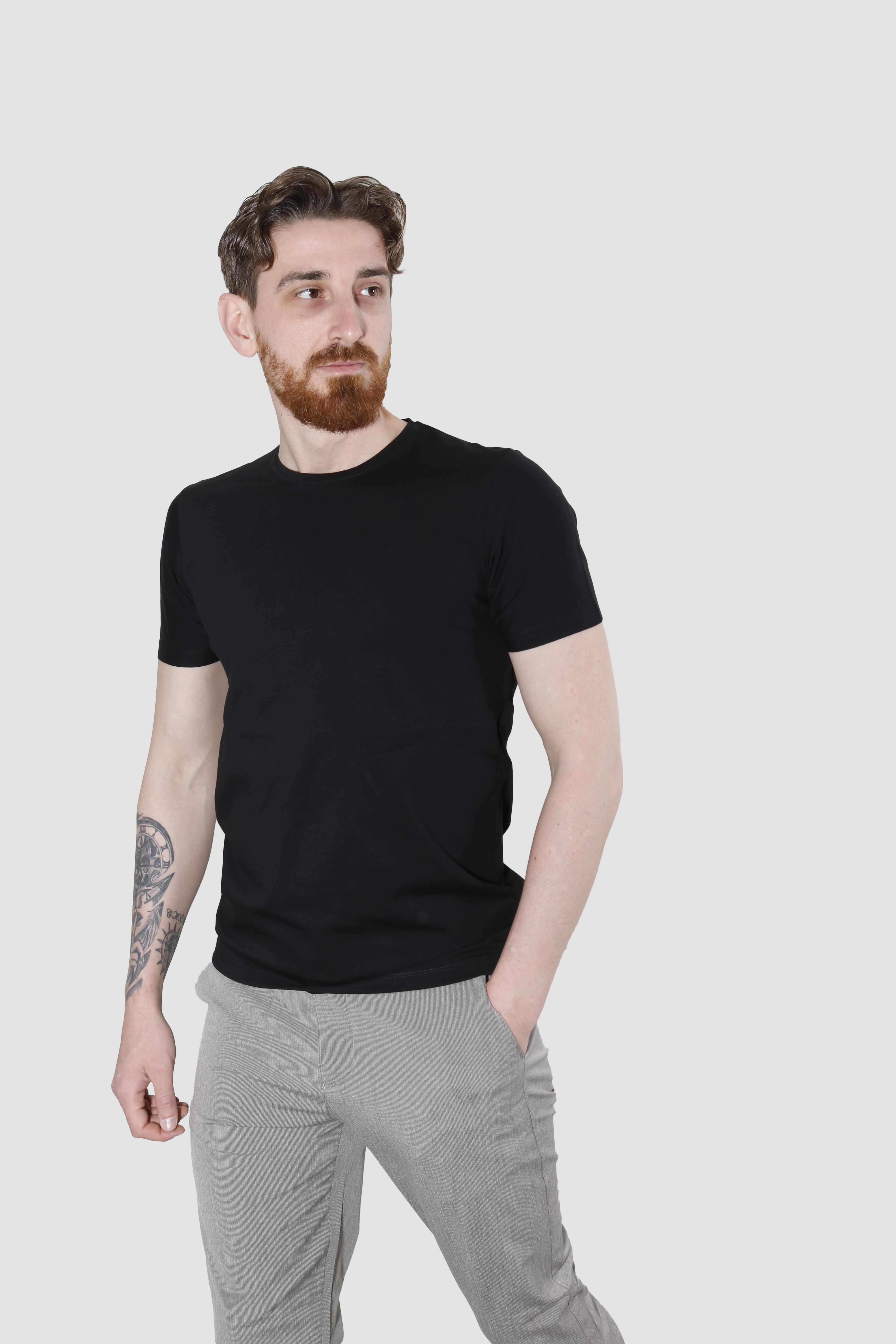 Erkek Bisiklet Yaka Düz Pamuklu Slim Fit Tişört 3068-SİYAH