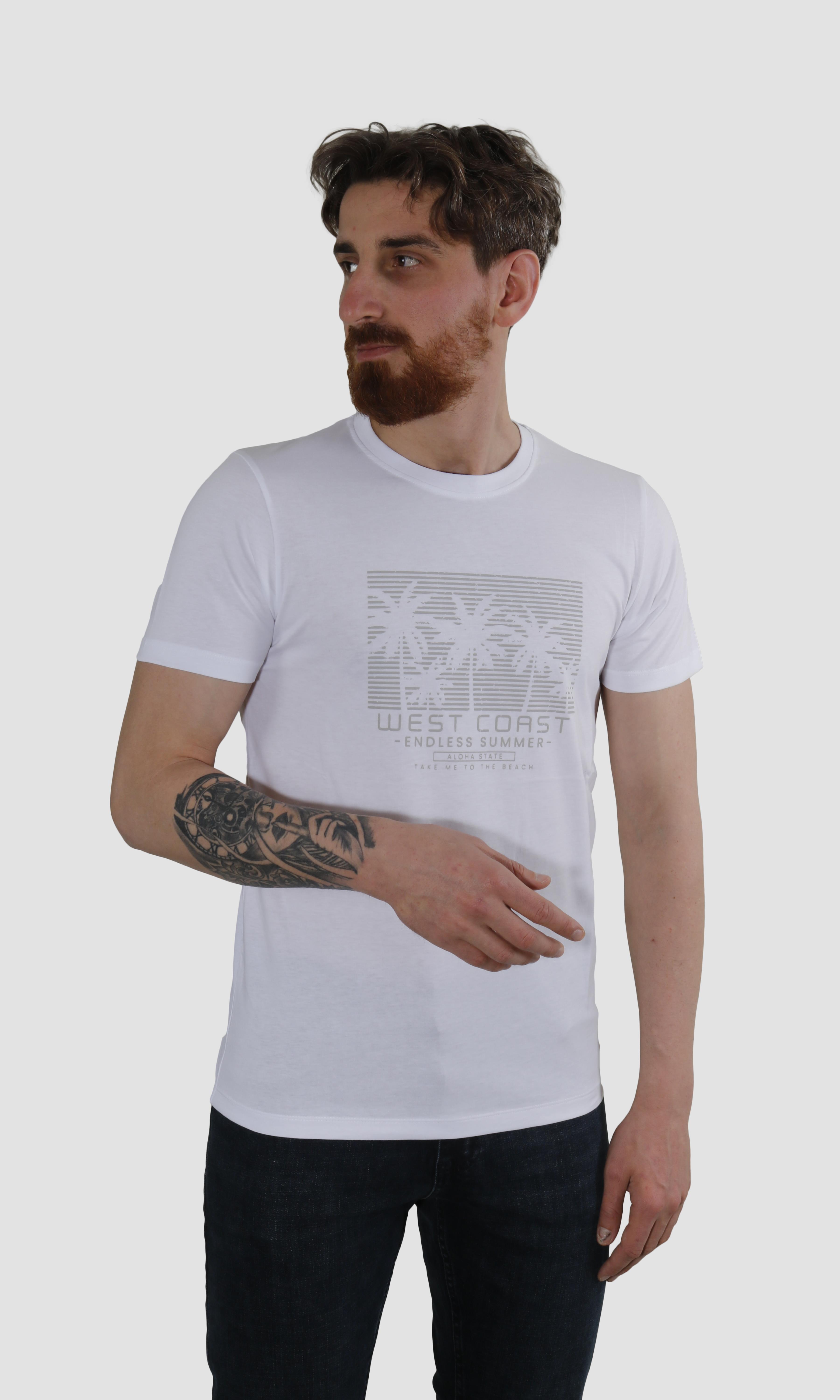 Erkek Bisiklet Yaka Palmiye Ağacı Baskılı Pamuklu Slim Fit Tişört 3074-BEYAZ