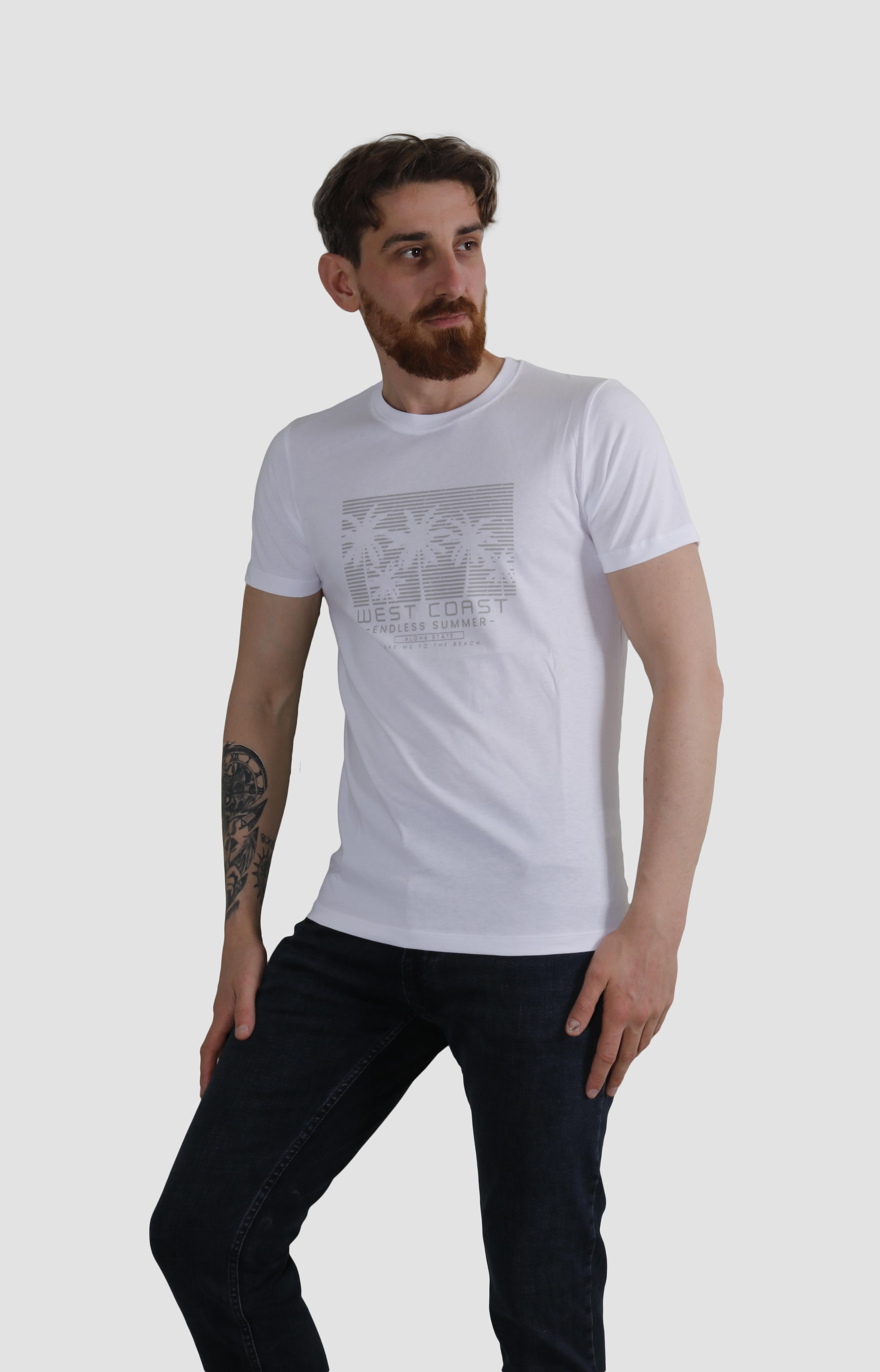 Erkek Bisiklet Yaka Palmiye Ağacı Baskılı Pamuklu Slim Fit Tişört 3074-BEYAZ