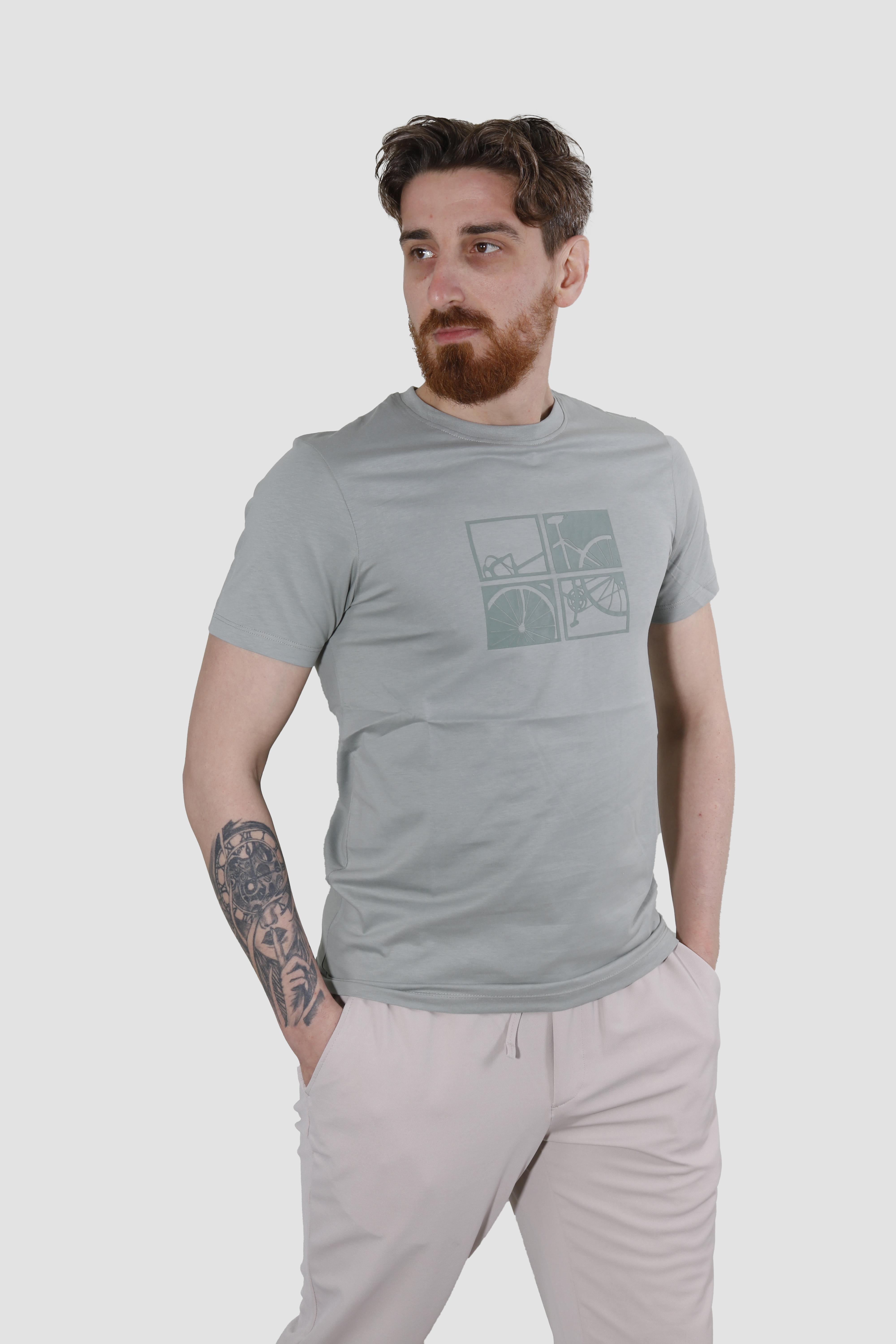 Erkek Bisiklet Yaka Bisiklet Baskılı Pamuklu Slim Fit Tişört 3107-HAKİ