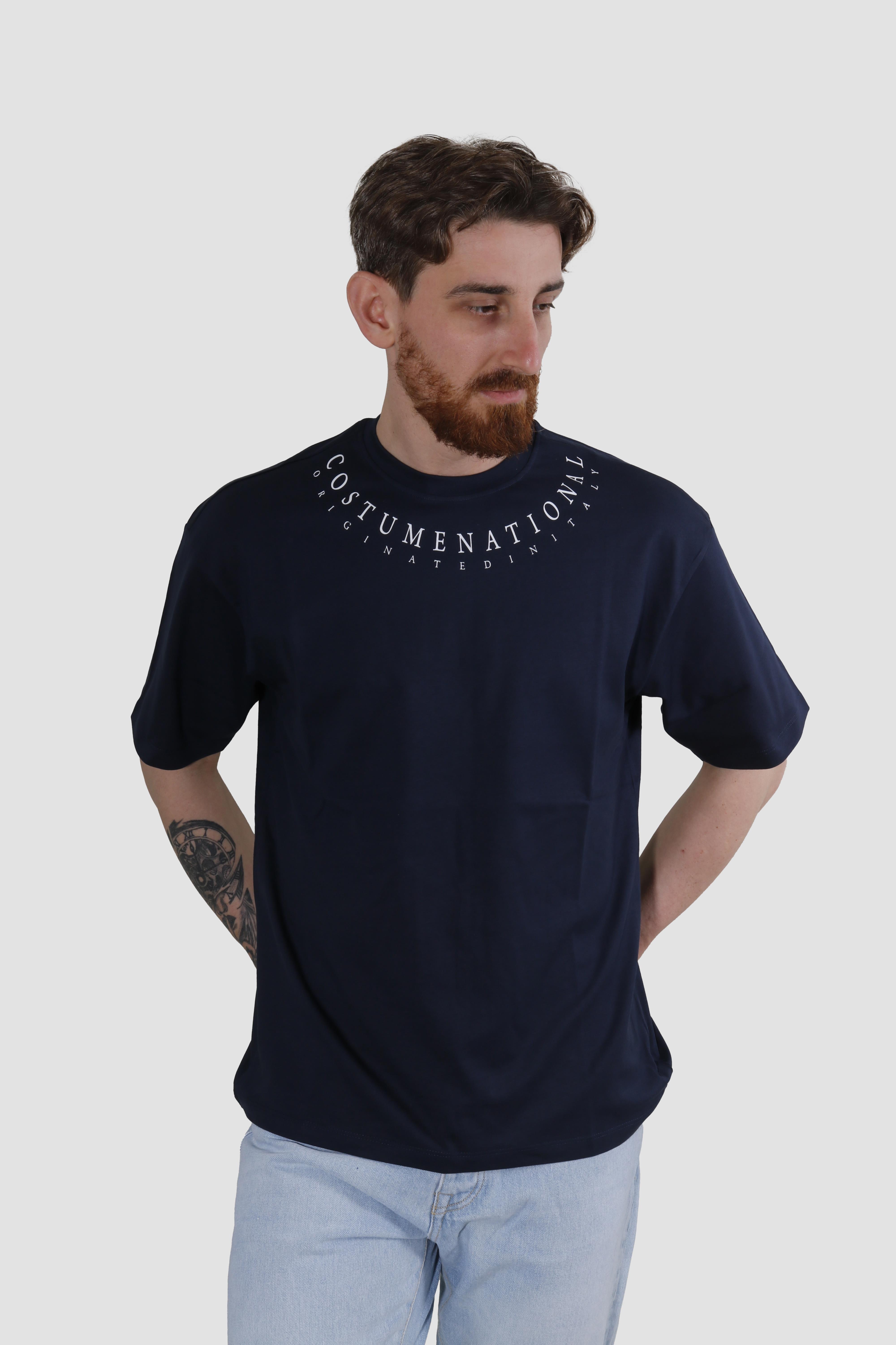Erkek Bisiklet Yaka Yazı Baskılı Pamuklu Oversize Tişört 3125-LACİVERT