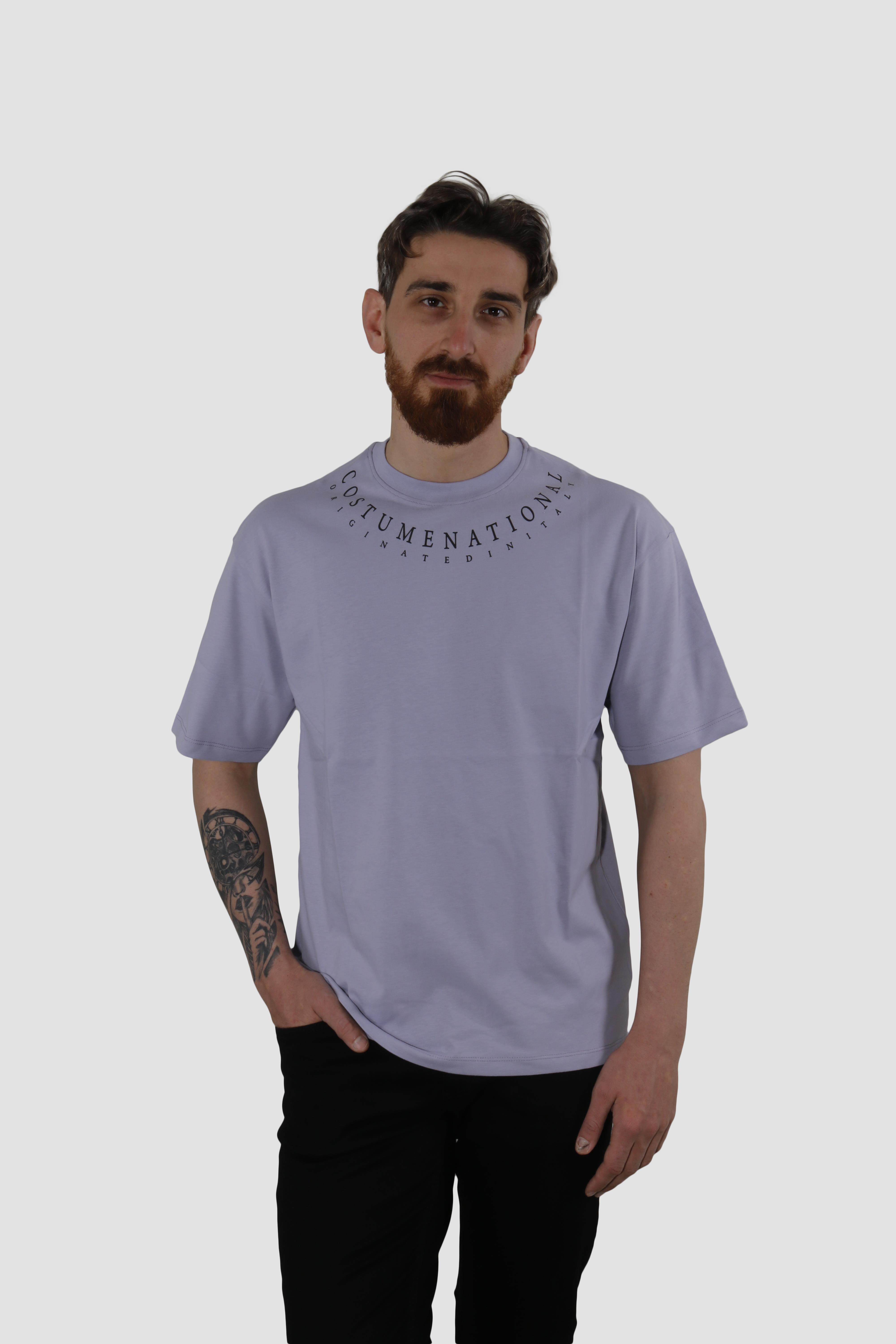 Erkek Bisiklet Yaka Yazı Baskılı Pamuklu Oversize Tişört 3125-LİLA